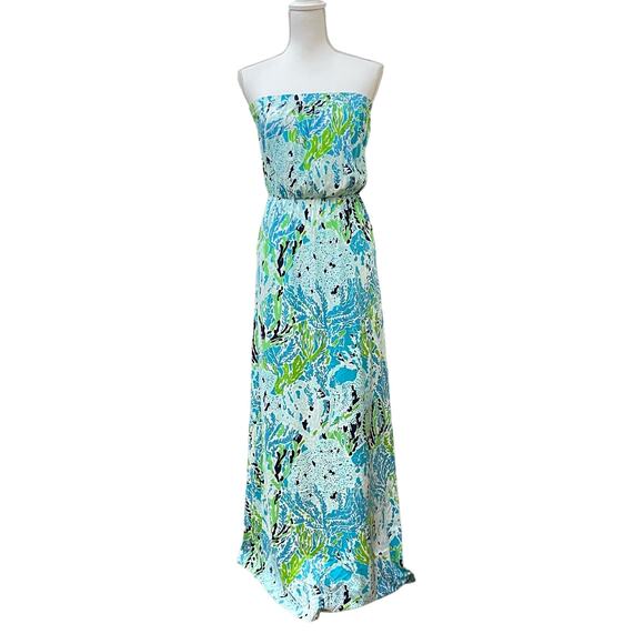 Lilly Pulitzer Women Sz S Marlisa Strapless Maxi Dress in Blue Spa Let's Cha Cha - Picture 1 of 8